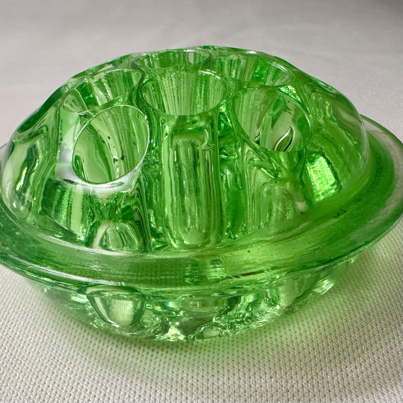 Vintage Vaseline Uranium Glass 13 holes 4 Inch Flower Frog UV Glows Green