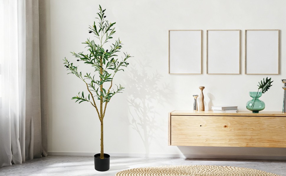 5FT Tall Olive Trees Artificial Indoor Faux Olive Tree Natural Wood Trunk Décor