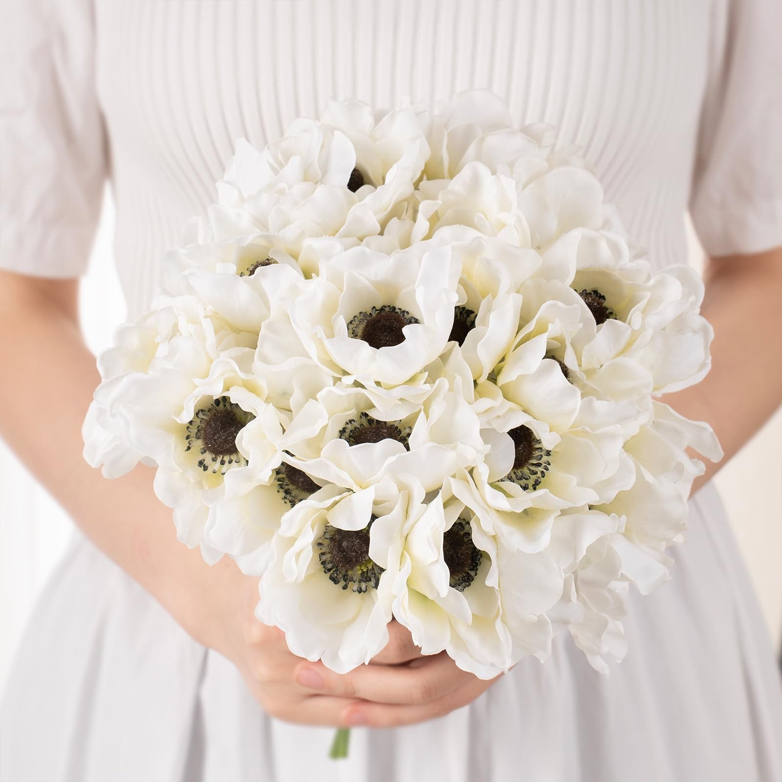 White Anemone Artificial Bouquet, 9 Stems Real Touch Silk Poppy Flowers for D…