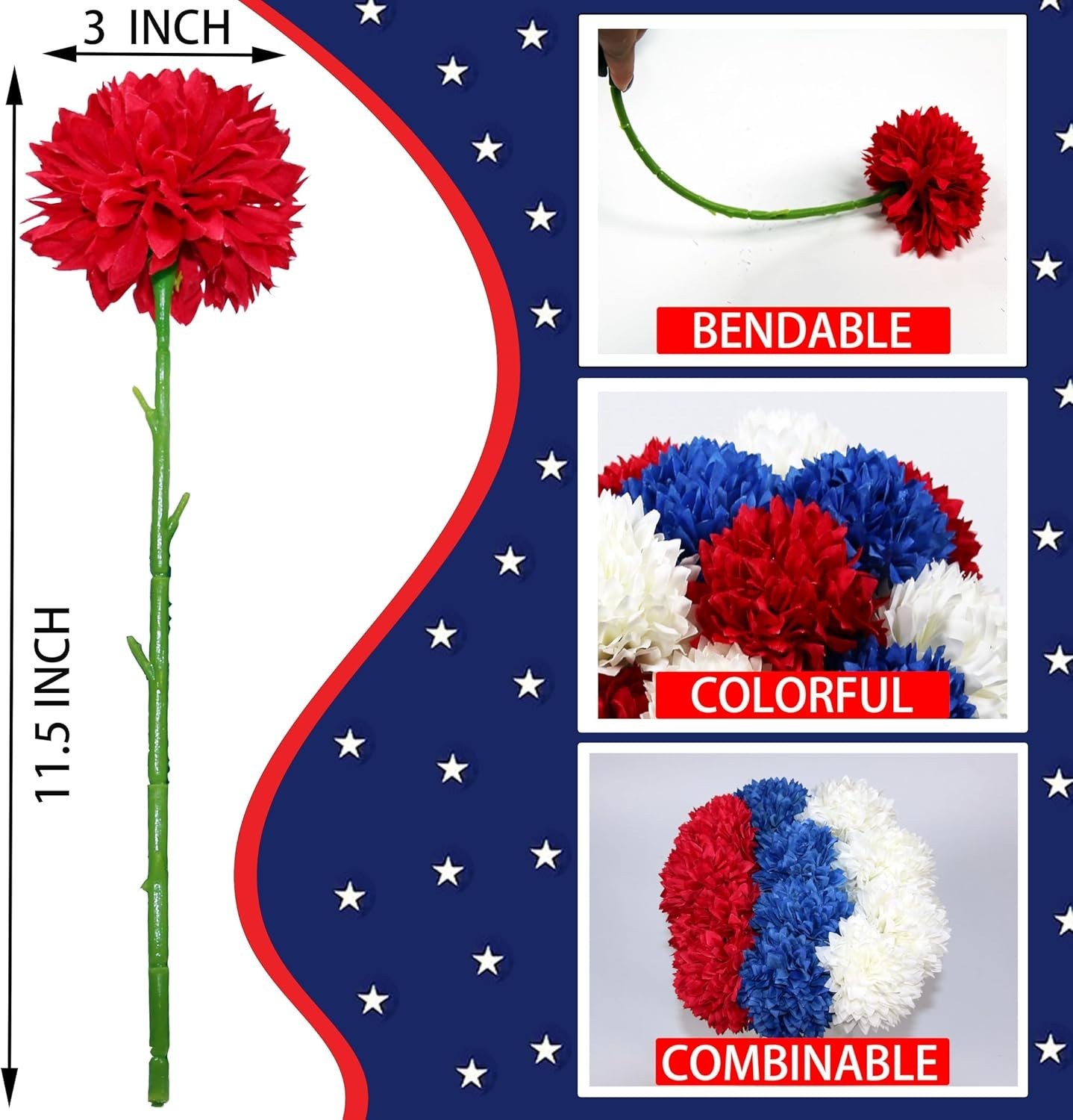 Patriotic 12-Pc Faux Chrysanthemum Bouquet in Red, White, and Blue for Events