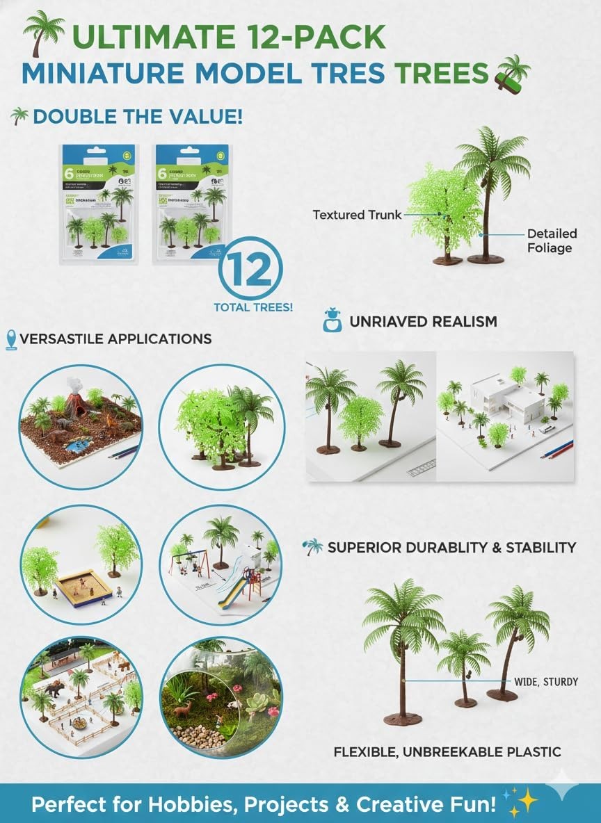 Set of 6 Artificial Miniature Jungle & Palm Trees (4-6″ Tall) – Perfect for