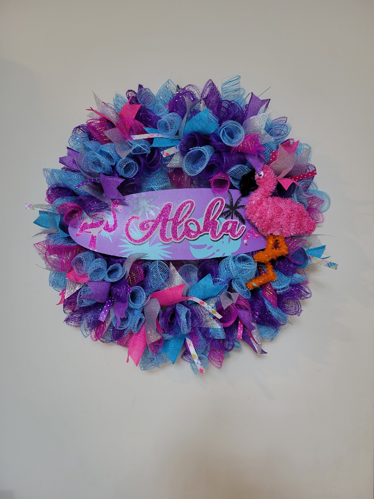 ALOHA Summer Spring Mesh Front Door Wreath Wall Decor BRIGHT Purple Pink Blue