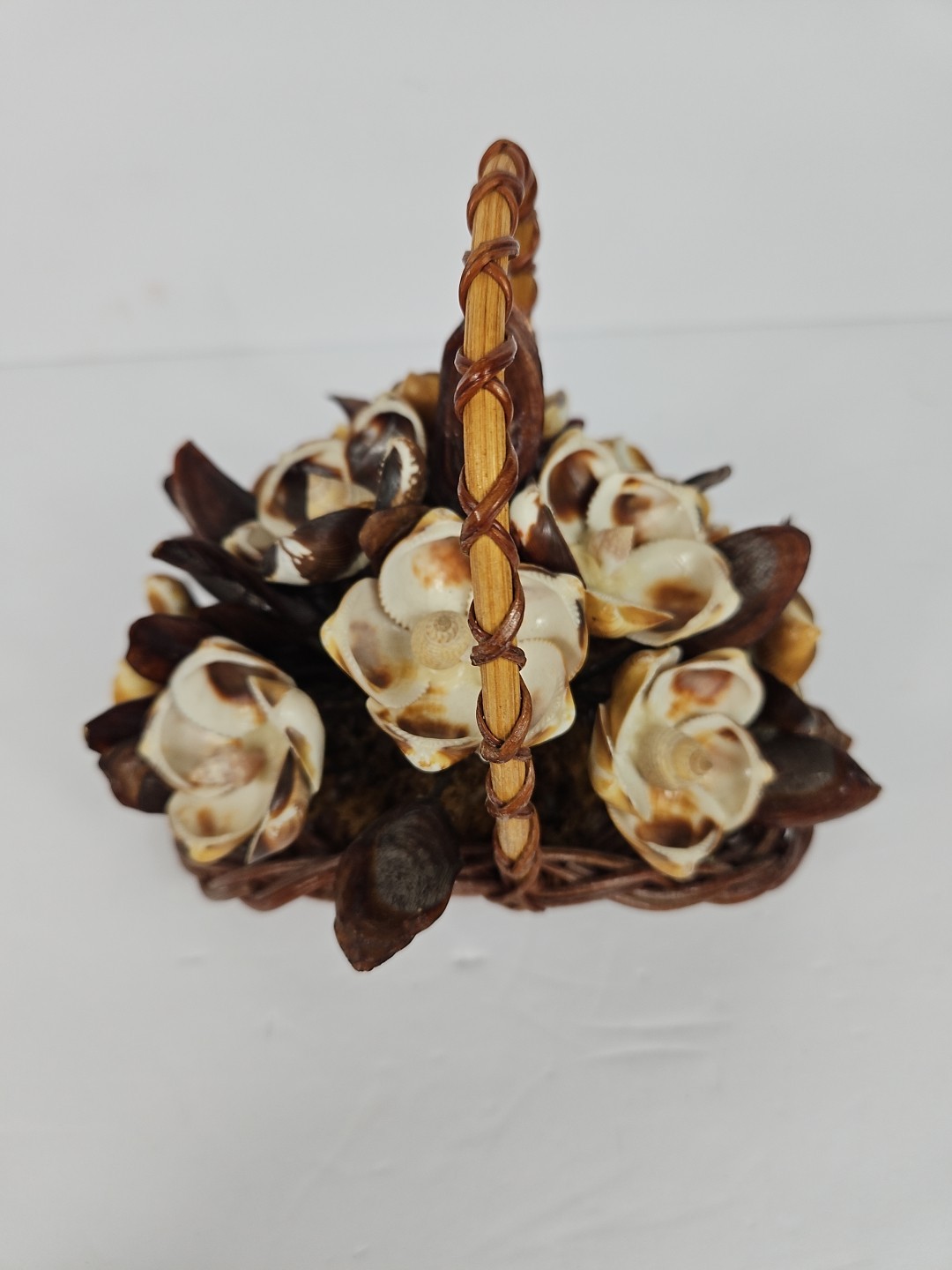 Seashell Art Floral Arrangement In Basket BOHO Vintage handmade decor 6 1/2″tall