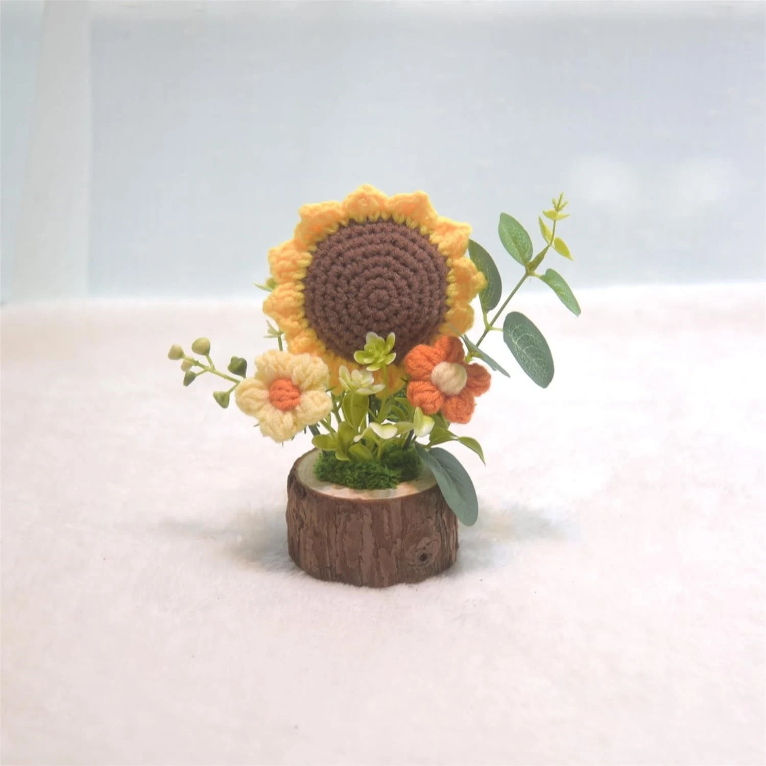 Handmade Crochet Sunflower Bouquet Knitted Mini Potted Plant Desk Decor Gift Set