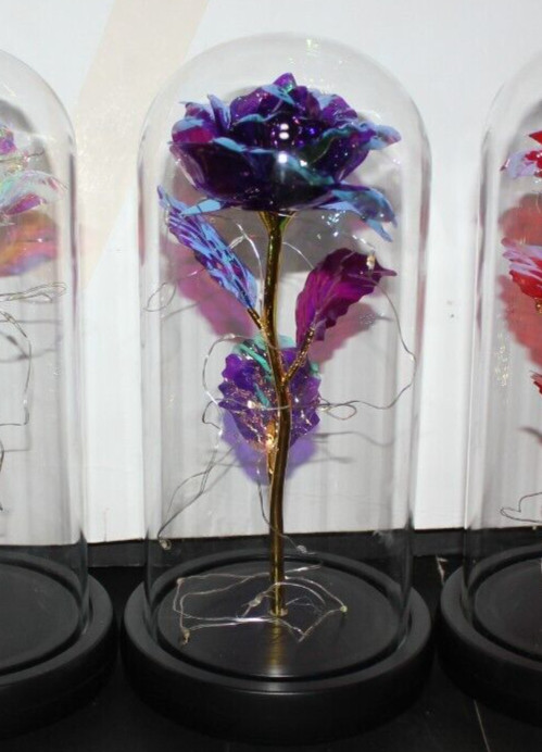 Blue Eternal Rose w LED Lights in Glass Dome Mothers Valentines Anniversary Gift