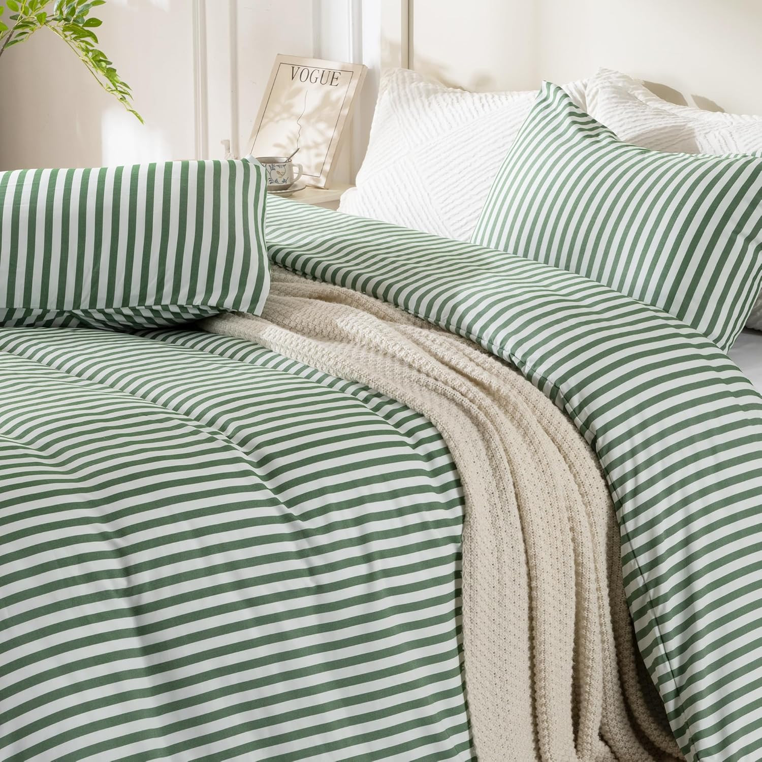 Soft Green Striped Queen Duvet Cover Set with Button Closure & Pillow Cases