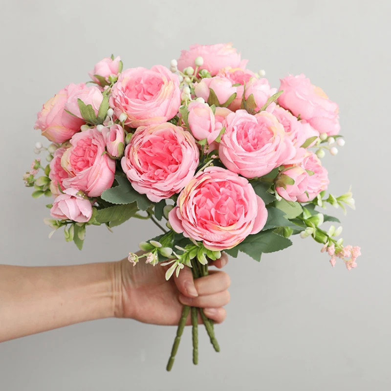 Hot Selling 1pcs/30cm Rose Pink Silk Bouquet Peony Artificial Flower 5 Big Head