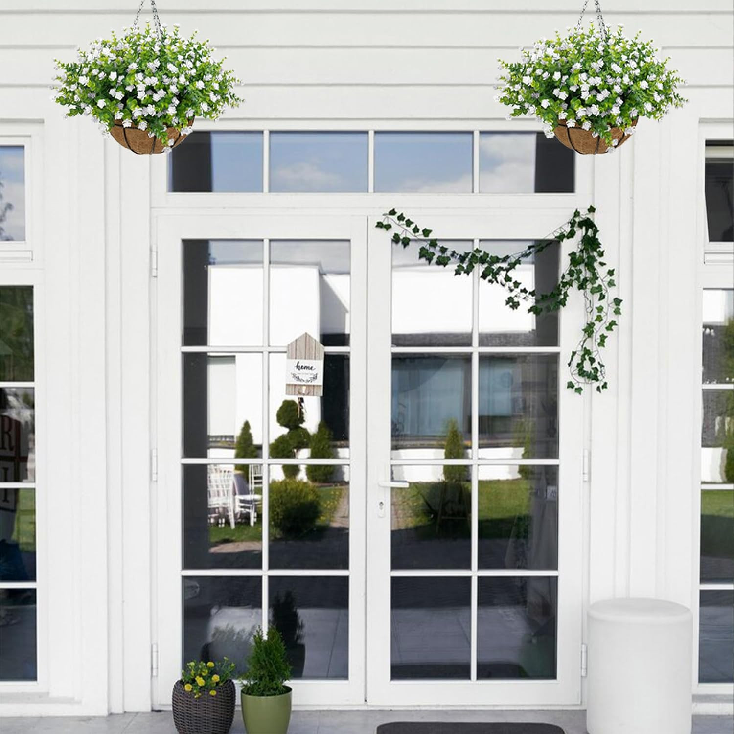 Realistic UV Resistant Artificial Hanging Flower Basket for Outdoor Decor