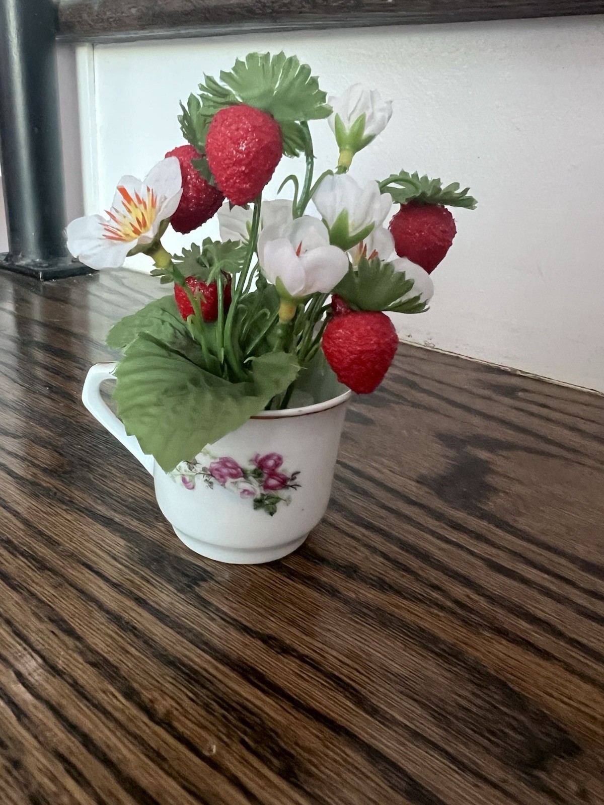 Porcelain Artificial Strawberry Floral Arrangement in Teacup Cottage Core Decor