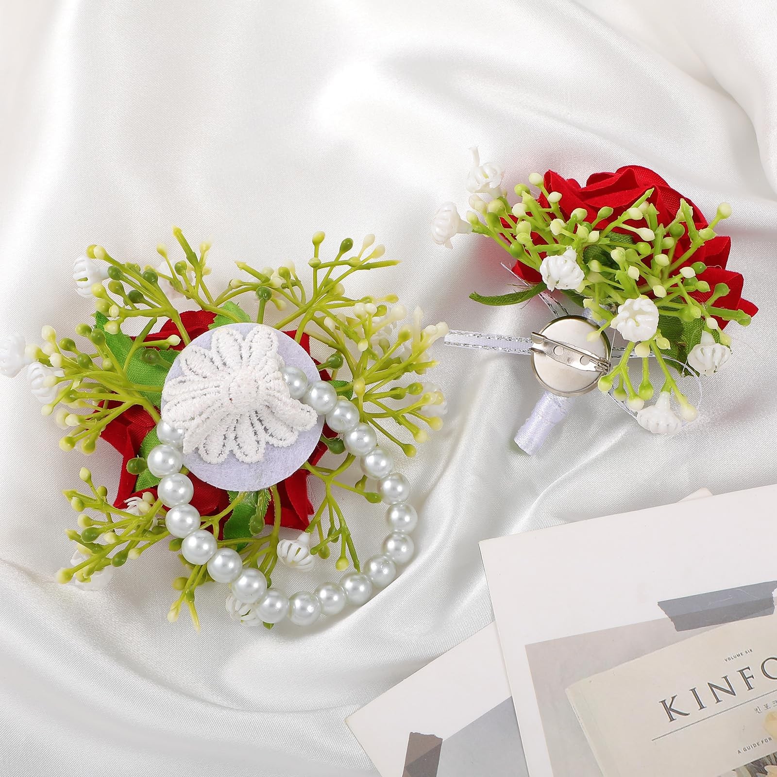 2 PCS Artificial Red Rose Boutonniere Corsage Set Wristlet Band Prom Wedding