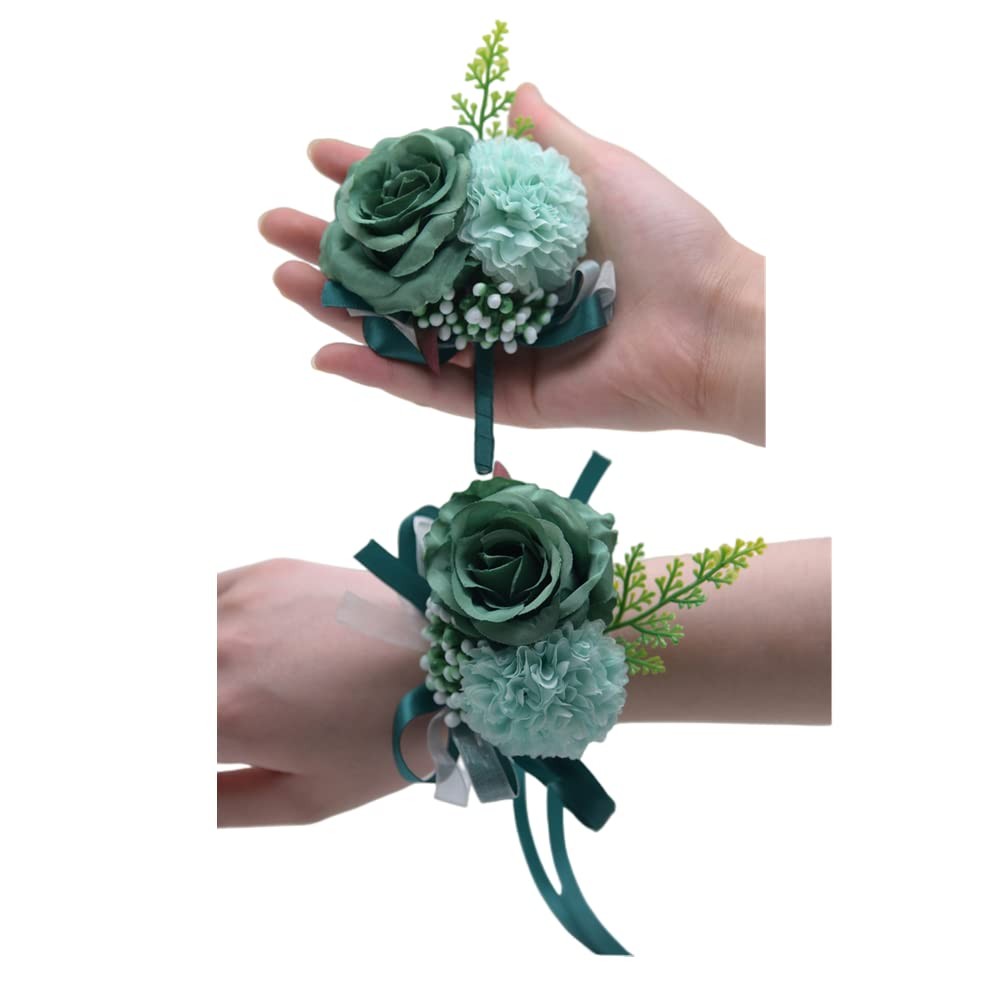 Wrist Corsage And Boutonniere Set Blackish Green Silk Flower Wedding 2 PCS