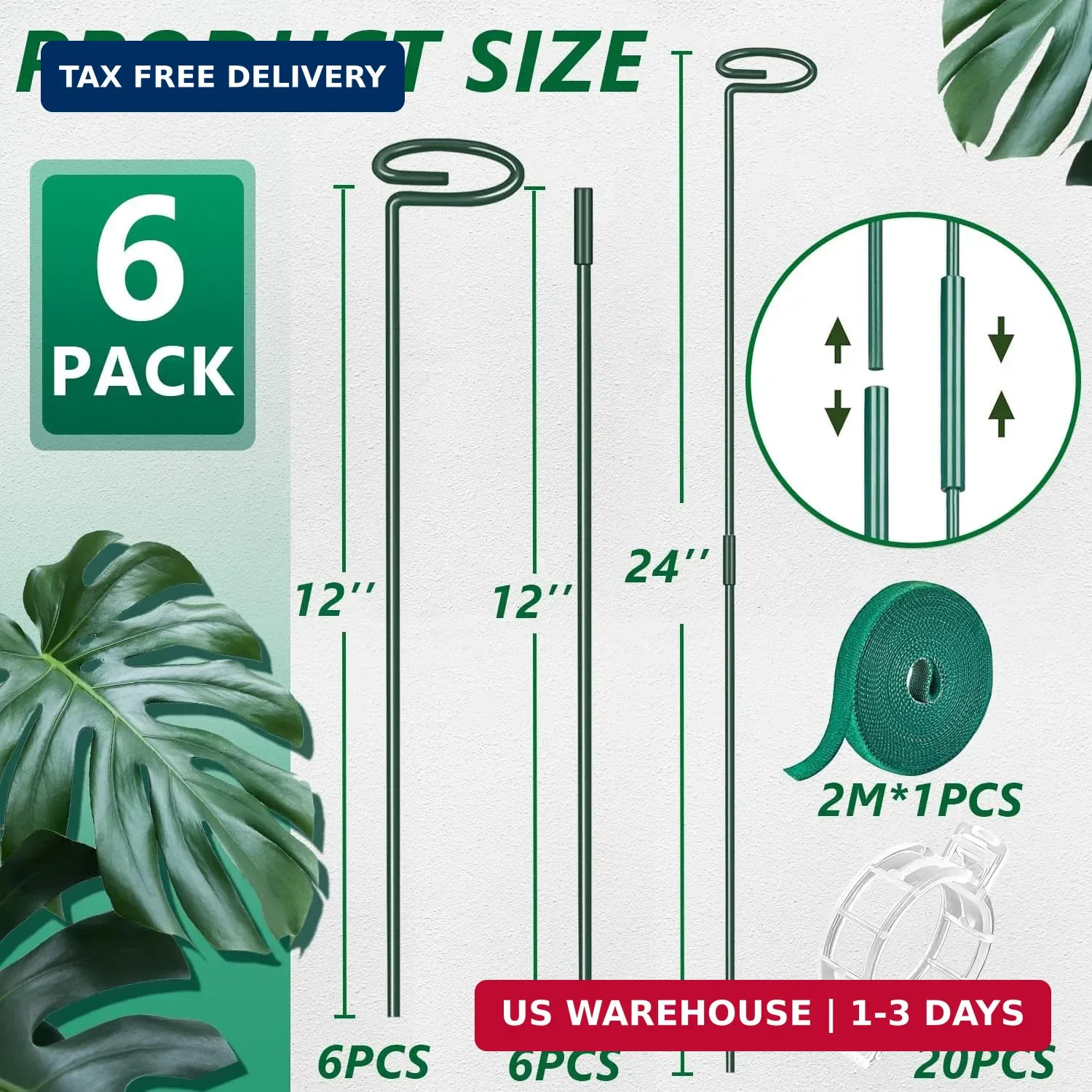 6 Pack 24 in Extendable Plant Support Stakes for Outdoor Plants and Flowers | Ad