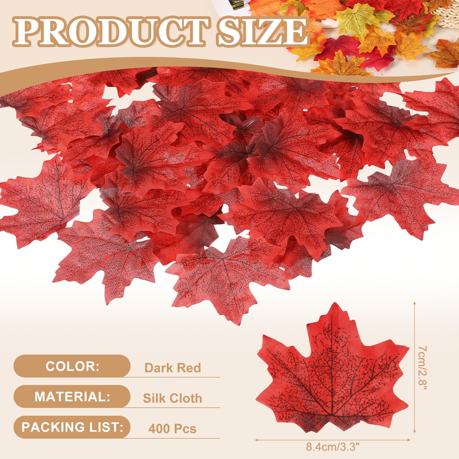 400Pcs Fall Leaves 3.3 Inch Colored Mixed Fake Leaf, Dark Red