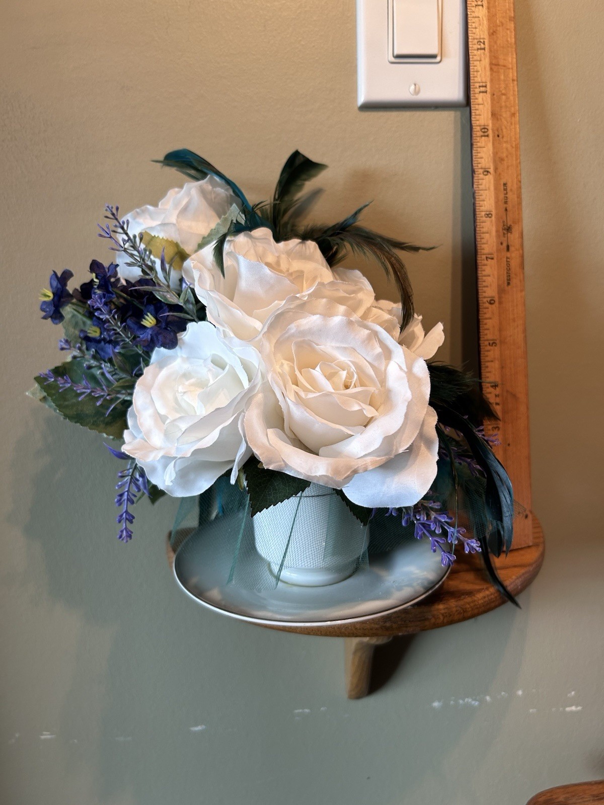 floral Tea Cup large white roses, lavender sprigs & Teal feathers