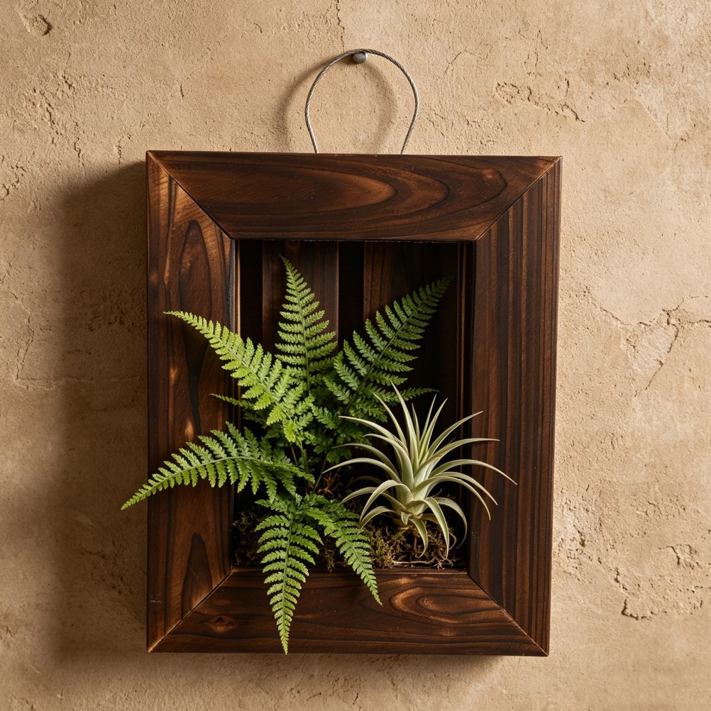 Coffee Colored Wood Indoor Wall Planter for Climbing Plants and Staghorn Ferns