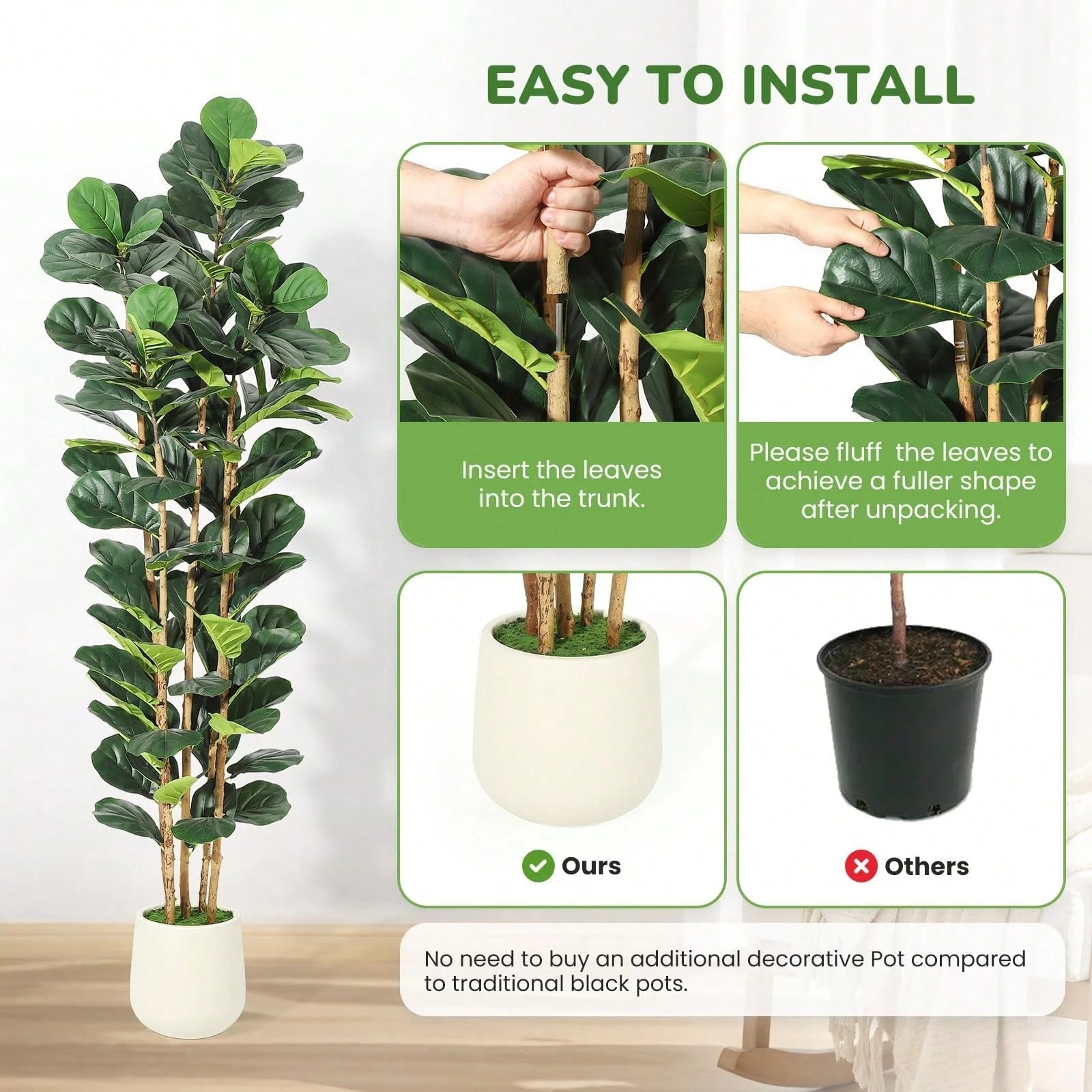 5 6 7FT Faux Fiddle Leaf Fig Tree Artificial Plant in White Pot