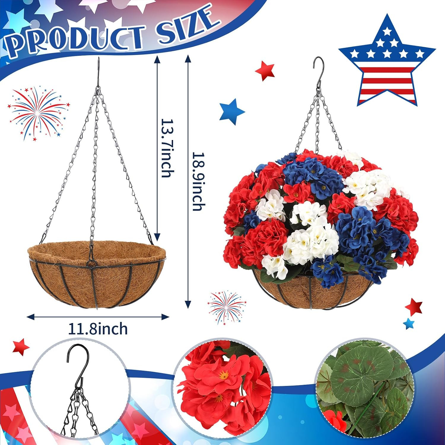 Patriotic Red White Blue Hanging Basket – 4th of July Decor for Your Home