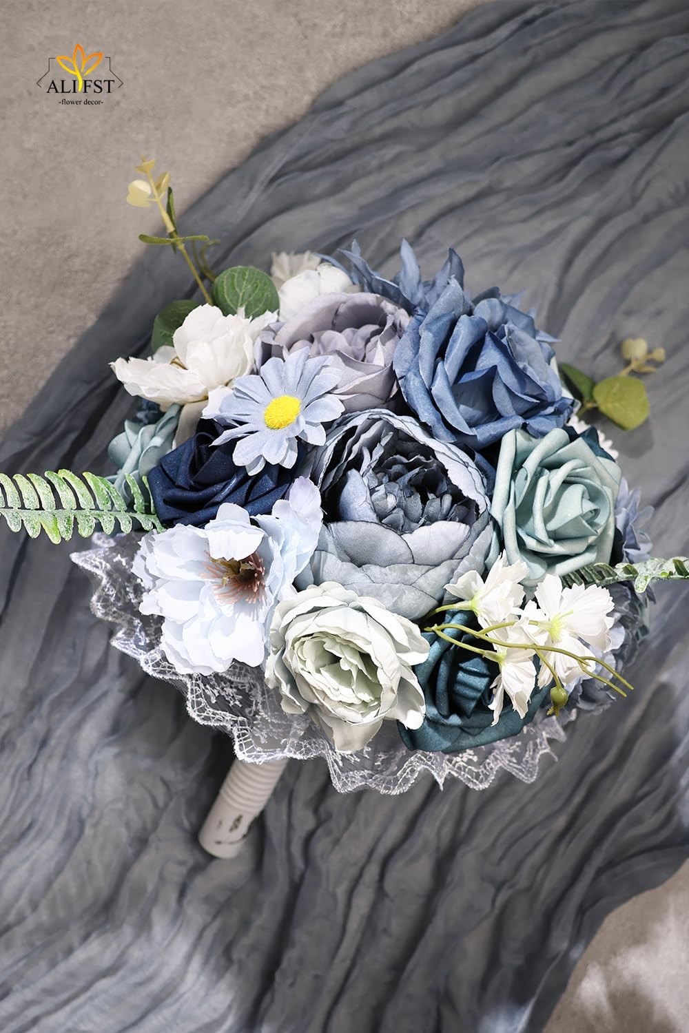 Artificial Flowers Combo Box Set Dusty Blue Silk Cake Bridal Bouquet