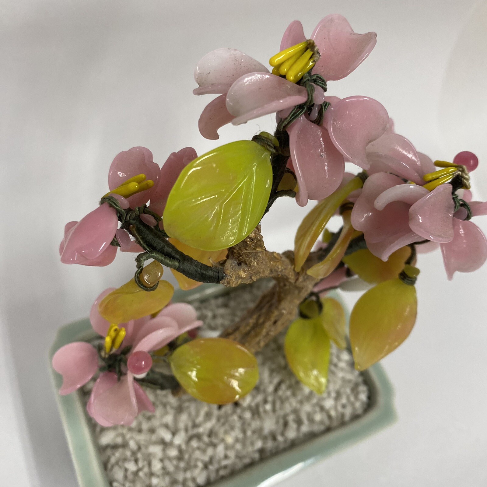 Glass Bonsai Tree Pink Flowers Artificial Plant Oriental Home Decor Vtg