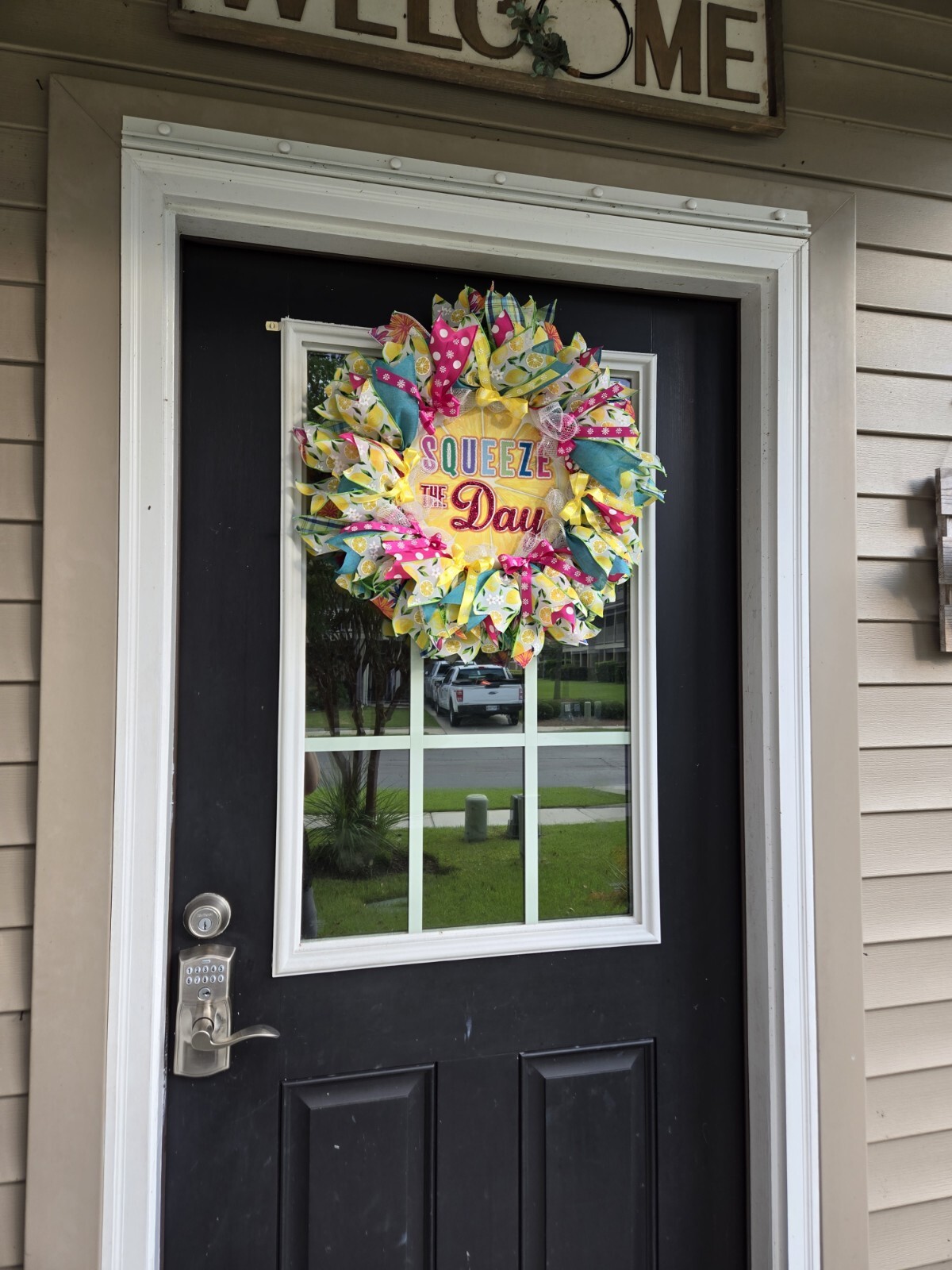 WREATH SQUEEZE THE DAY Spring SUMMER Fall Front Door Wall Decor BIG bright every