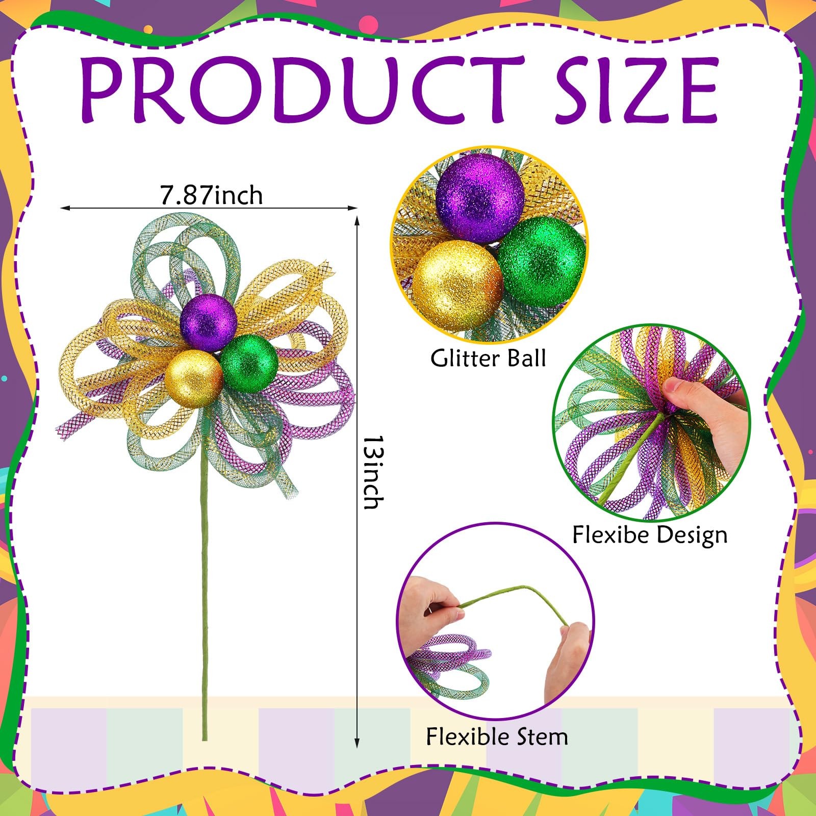 6 Pcs Mardi Gras Picks Decoration 13 Inch Mardi Gras Ornaments Purple Green Gold