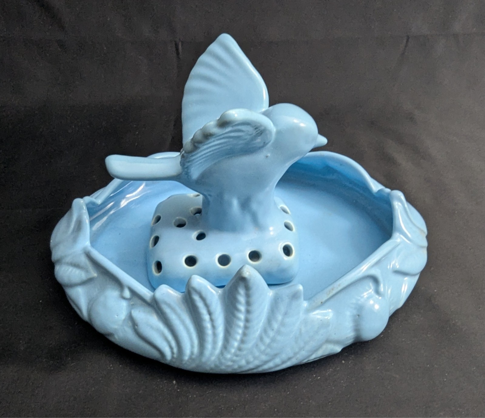 Vtg Camark Art Pottery Blue Shallow Bowl Planter & Bird Flower Frog Set (S4)