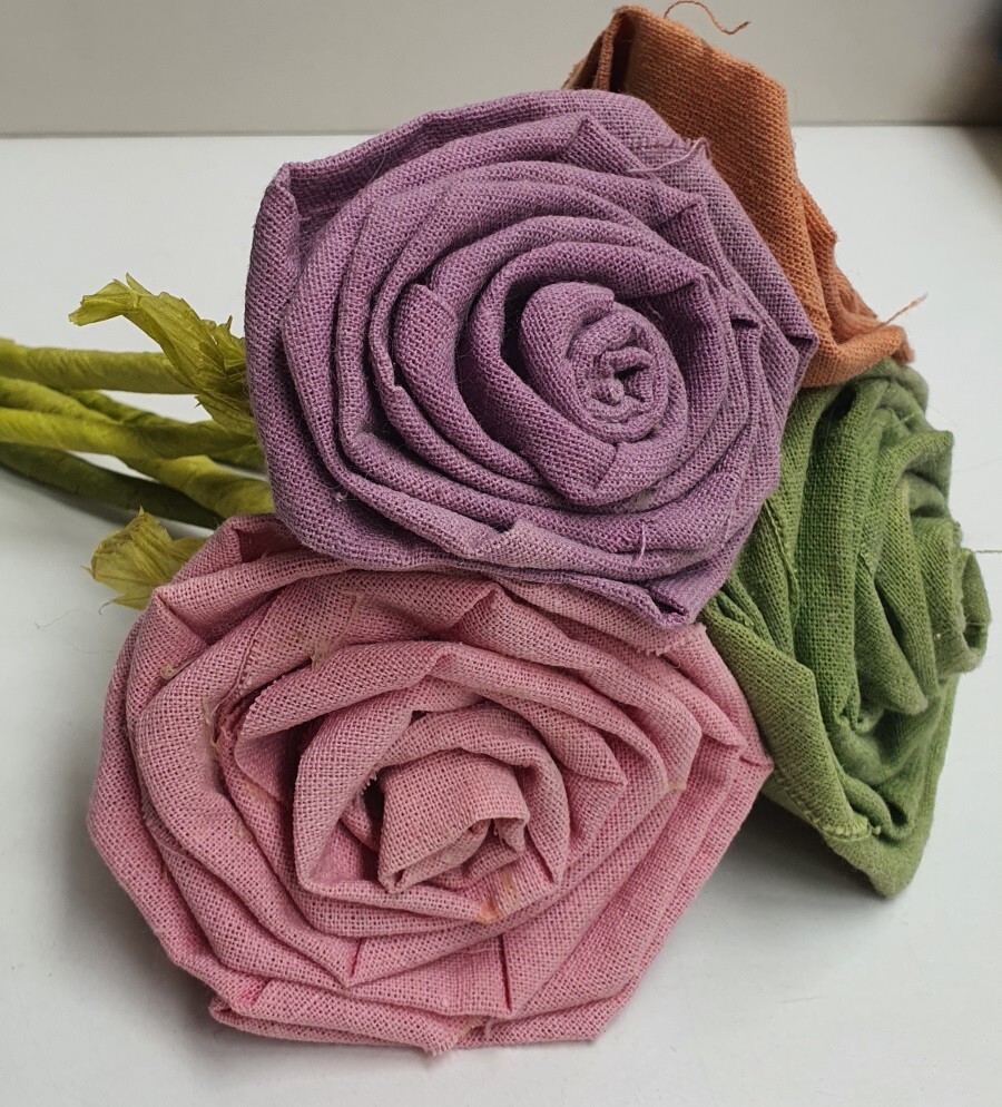 Handmade Linen Material Roses on Green Stems Shabby Chic 30cm Tall Multicolour