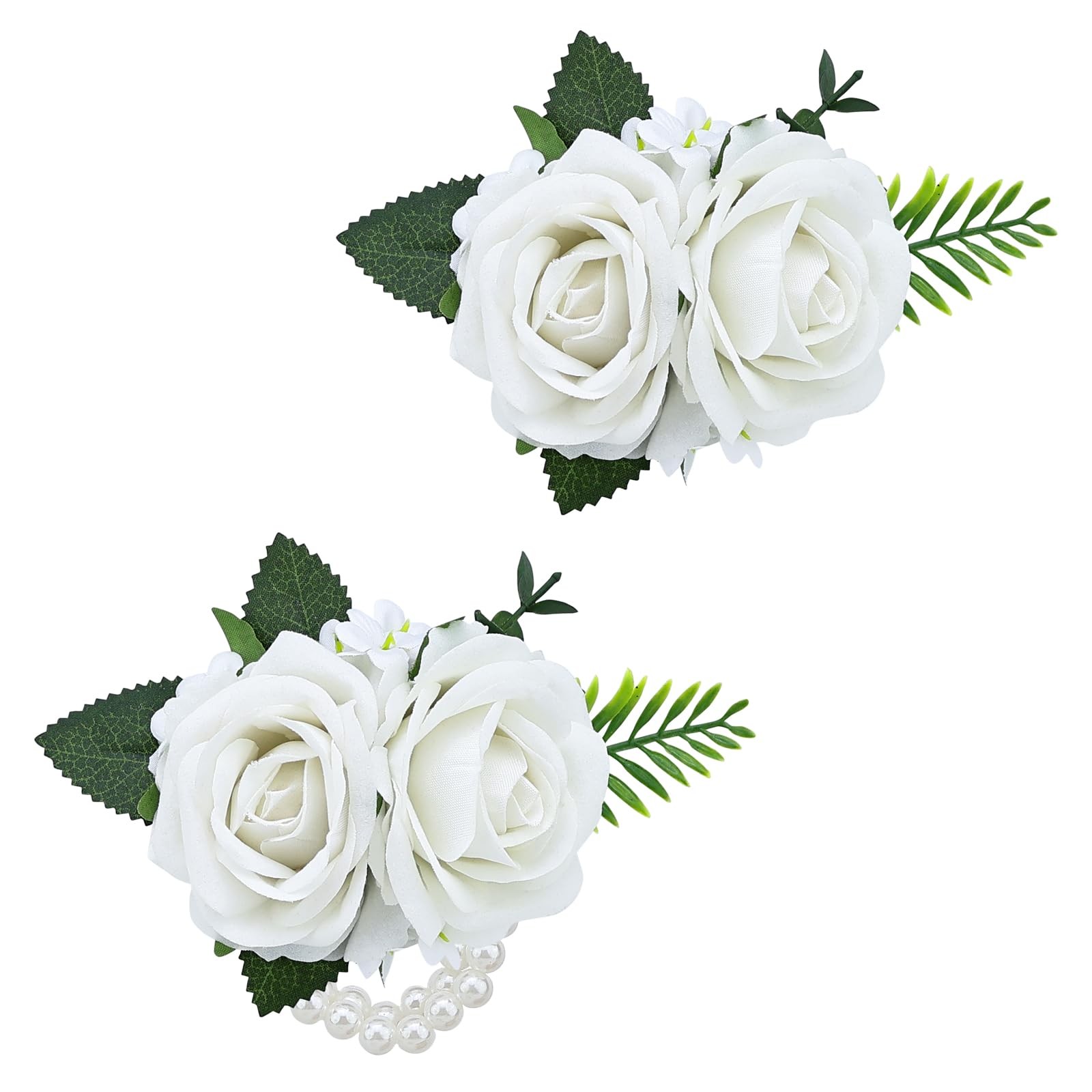 2Pcs White Artificial Rose Wrist Corsage Wristlet Band and Boutonniere Set, f…