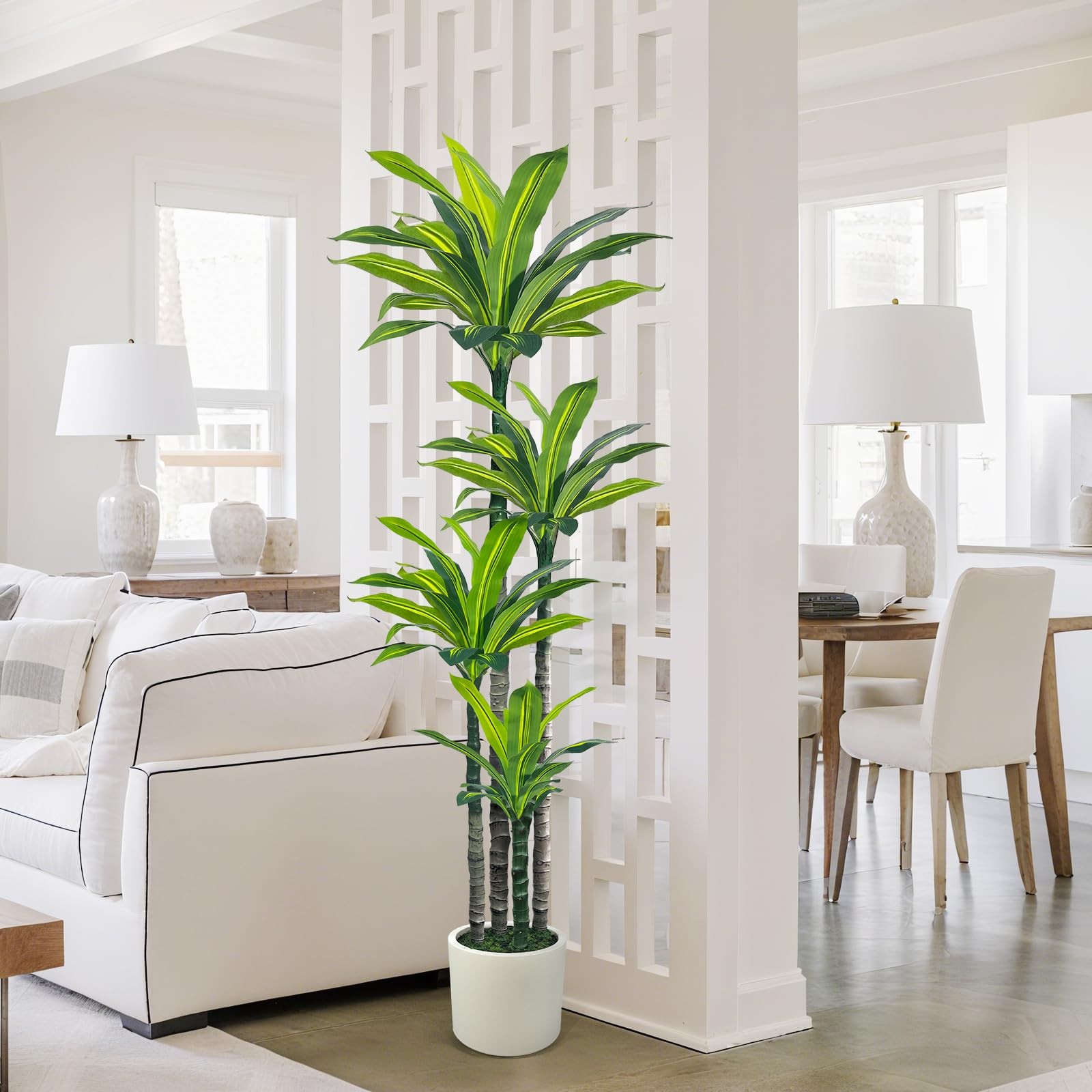 Artificial Dracaena Tree 6ft, Tall Fake Dracaena Plants with White Planter, F…