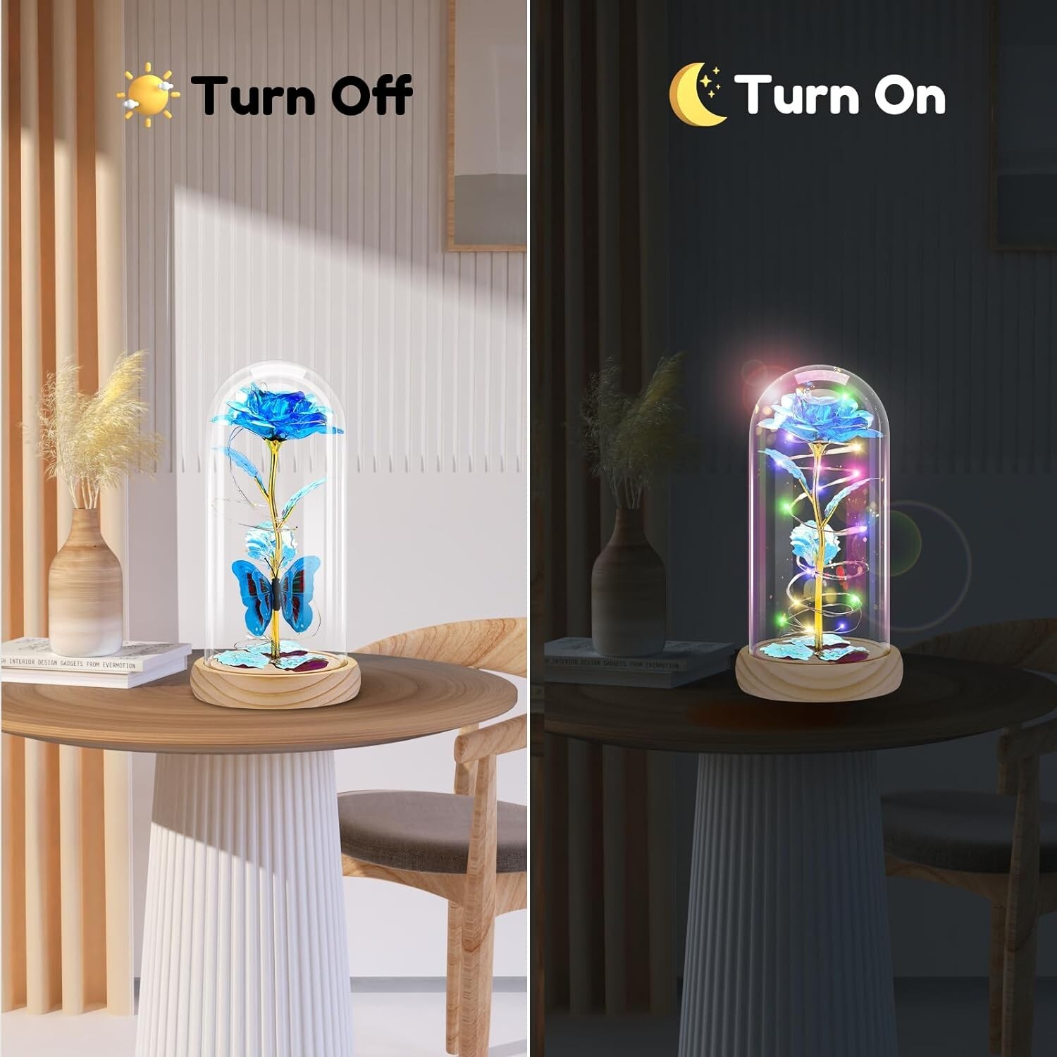 New Blue Butterfly Plastic Rose Led Glass Artificial Flower Dome Decor For Women