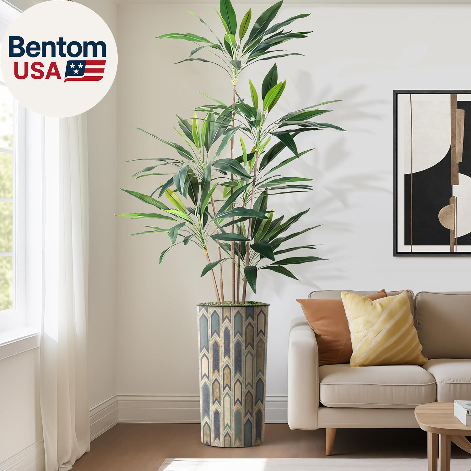 Artificial Tree in Modern Polygon Pattern Effect Planter, Fake Dracaena Tree Sil
