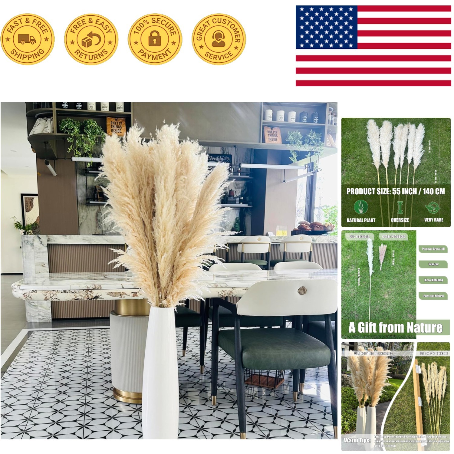 Natural Dried Pampas Grass Stems – 55 Inches of Fluffy Beige Beauty for Events