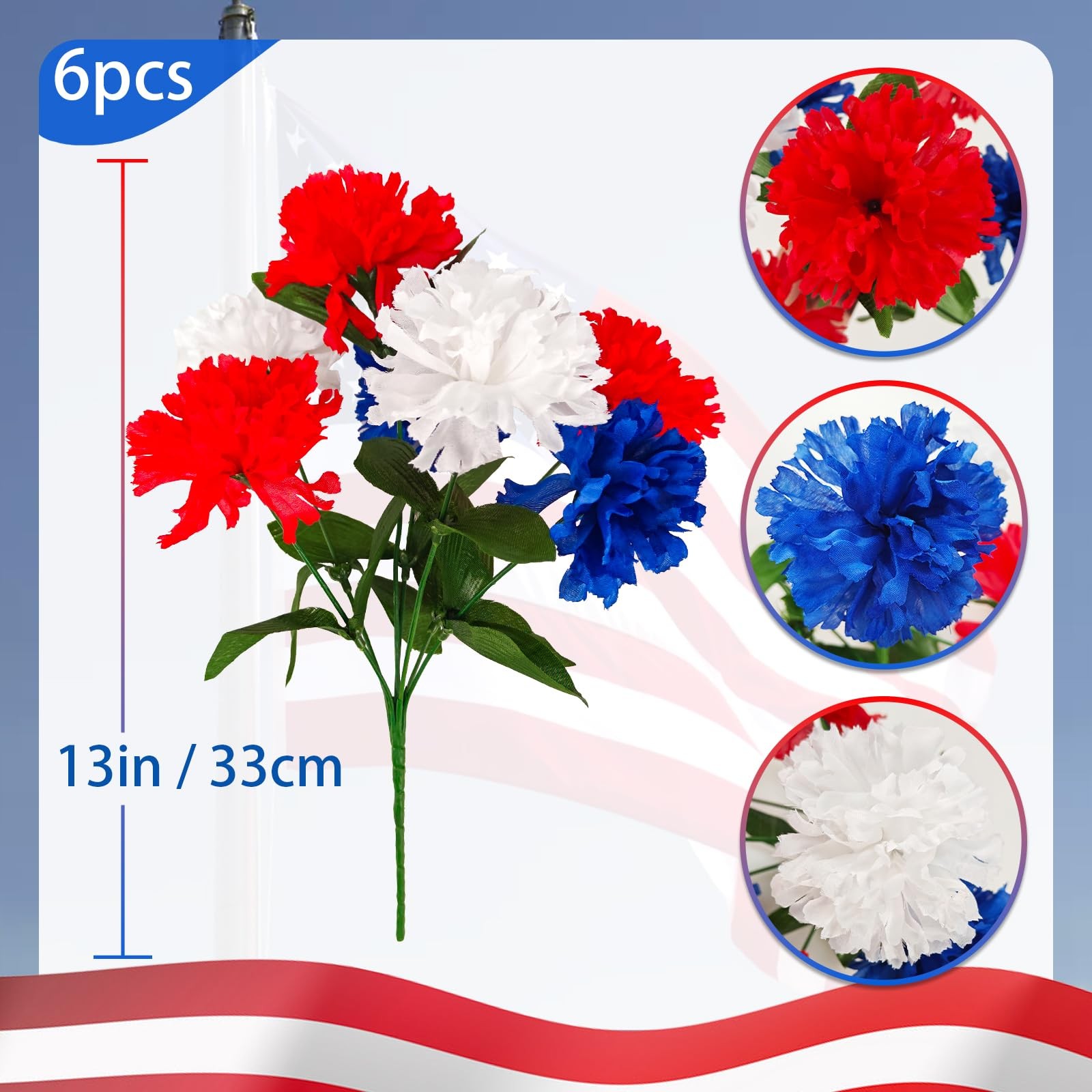 6Pcs Red White Blue Faux Mums Flowers for 4th of July Decor, Patriotic Memori…