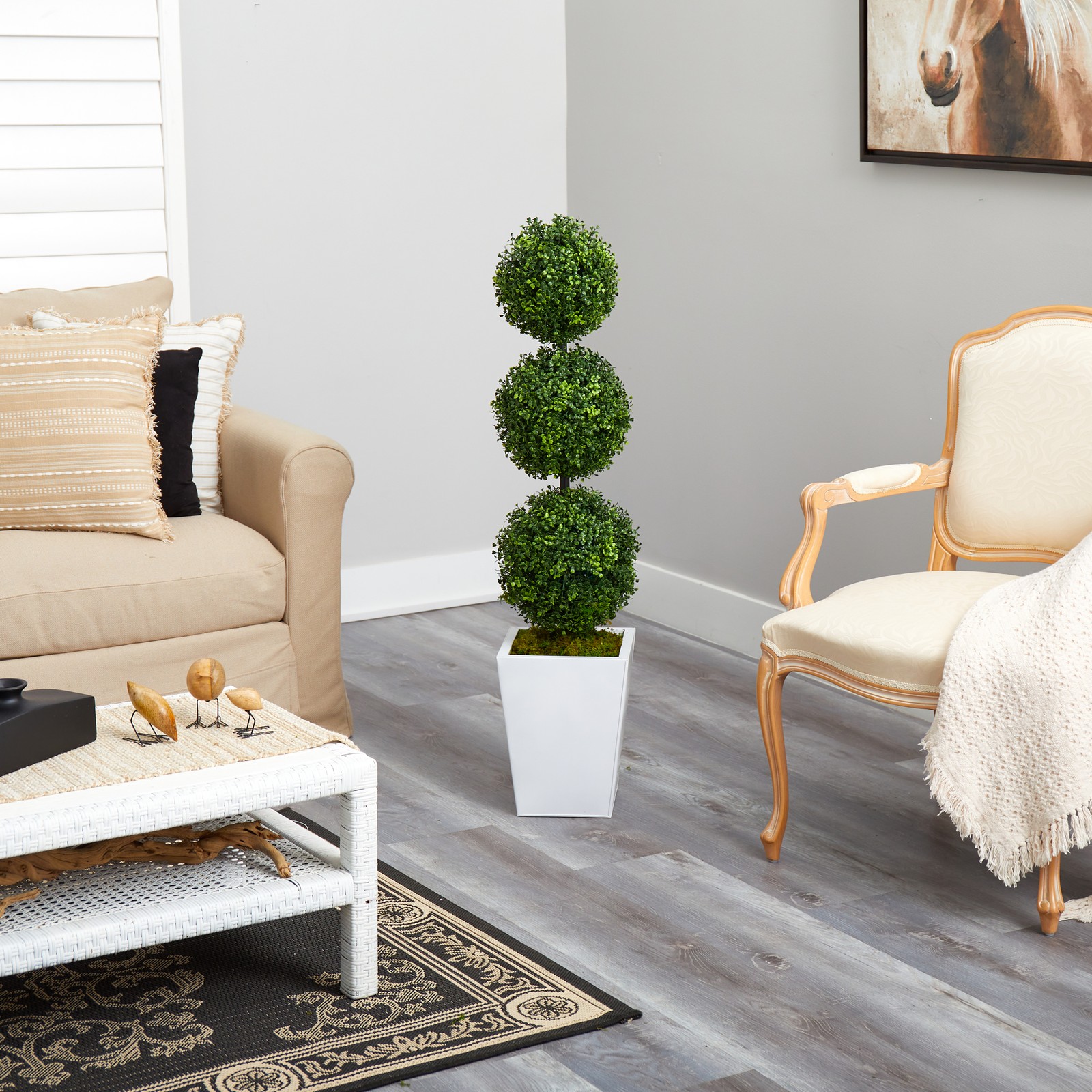 Nearly Natural 46″ Boxwood Triple Ball Topiary Tree in White Metal Planter
