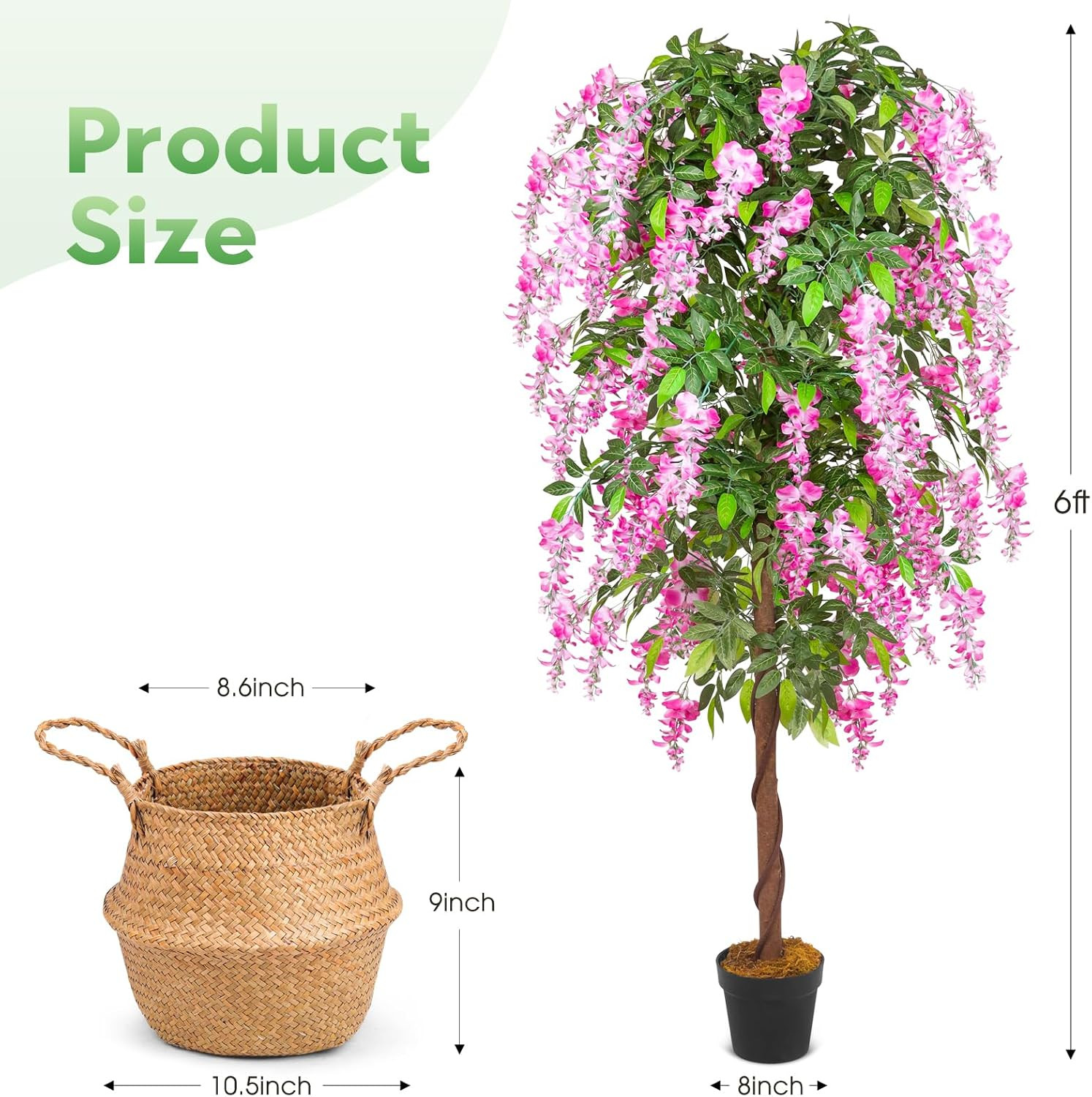 6Ft Wisteria Artificial Tree in Seagrass Basket for Home & Office Decor