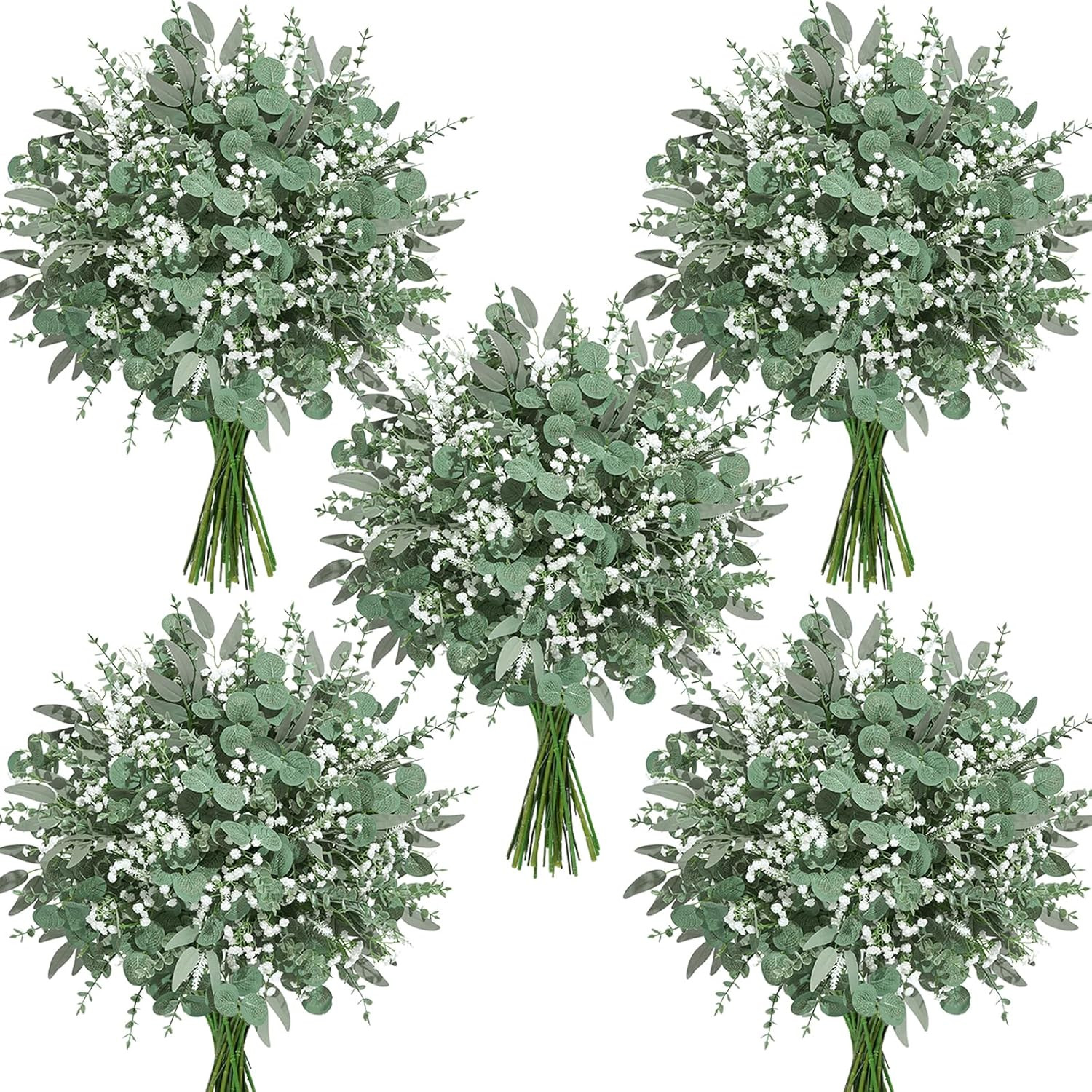 150Pcs Mixed Eucalyptus & Crochet Flower Bouquet, Handmade Fake Greenery