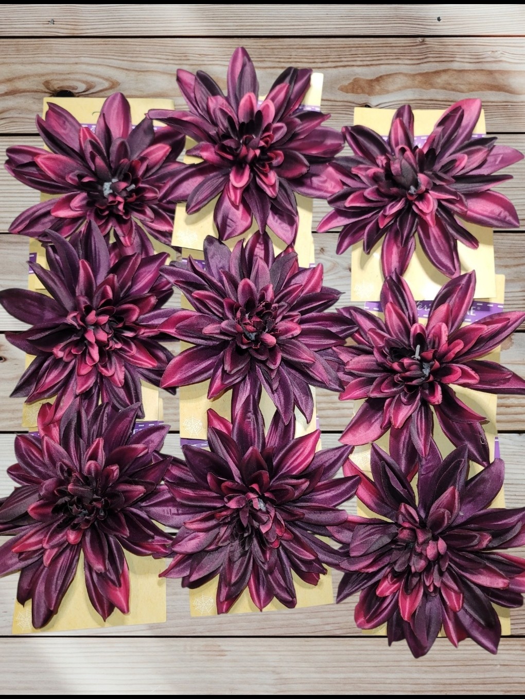 Lot of 9 – Fabric DAHLIA Flowers with Clips – For Crafting – Decoration – 5 Inch