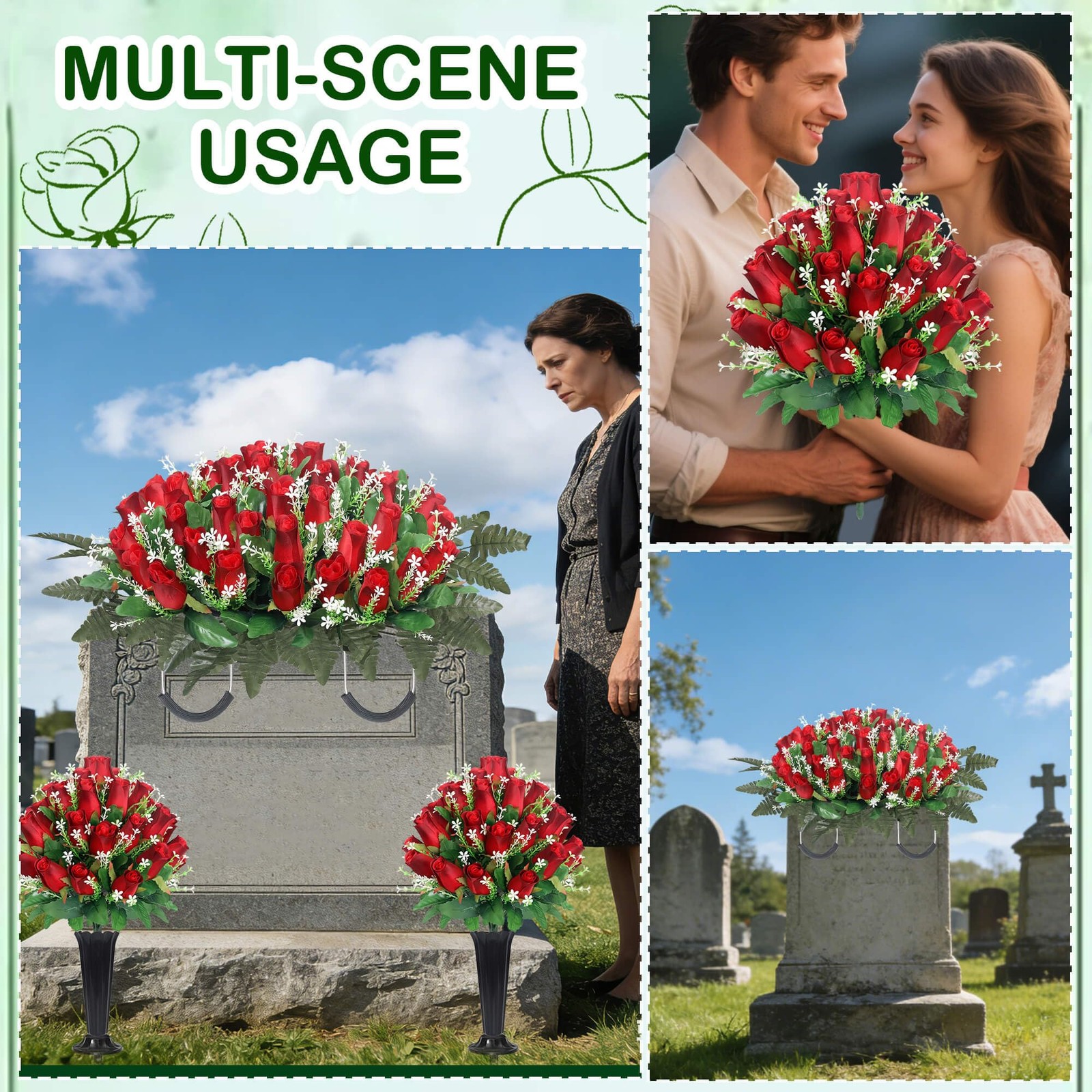 Cemetery Flowers for Grave,Headstone Flower Saddle with 2 Sets Grave Rose Flo…