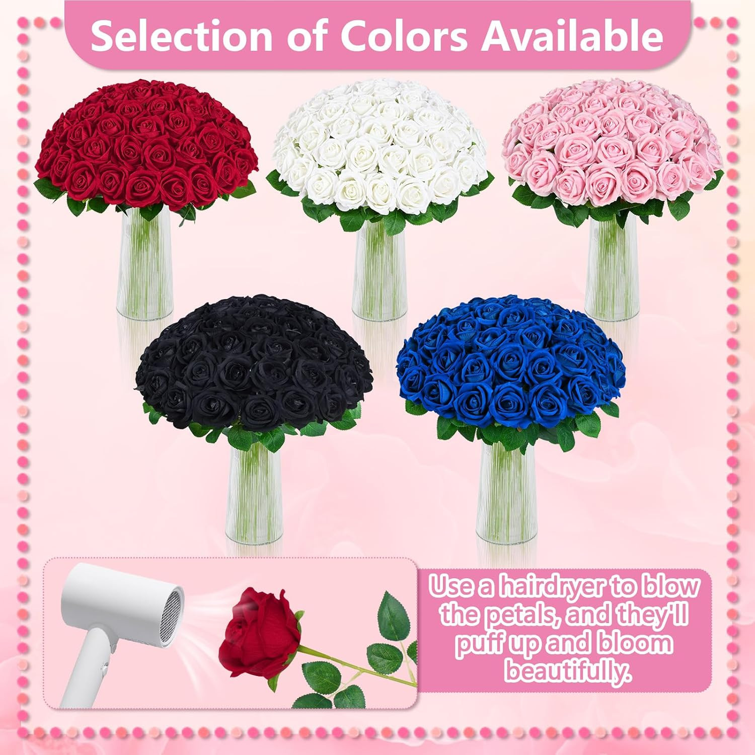 50 Pcs Pink Roses Artificial Flowers, Real Touch Velvet Roses Bouquet Fake Flowe