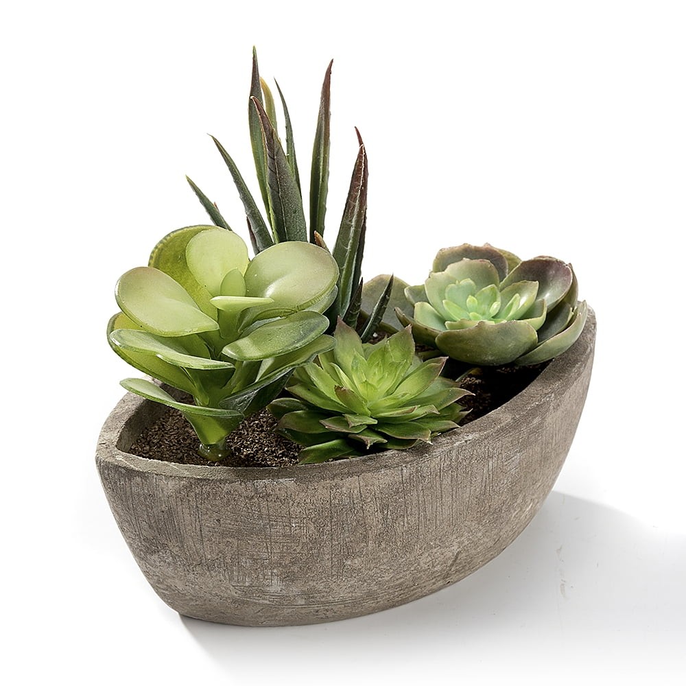 Faux Plant with a Boat Shape Gray Paper Pulp Pot 6.3L x 3.5W x 5.7H inches
