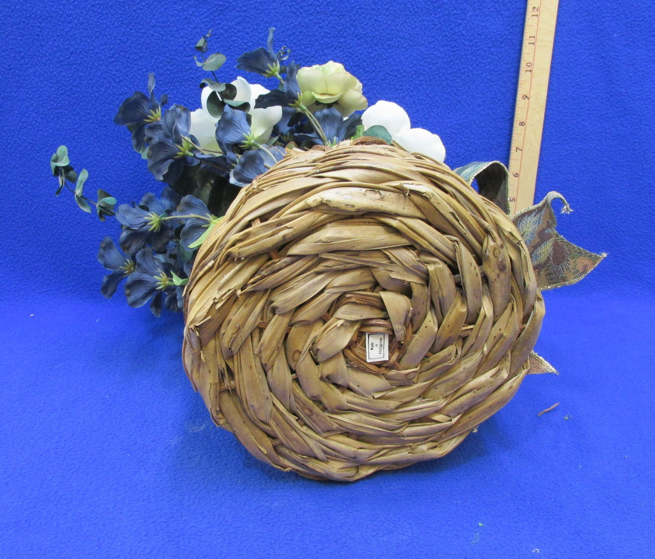 Blue Floral Arrangement In Basket Roses Magnolias Eucalyptus Bow w/ Coffee Cup