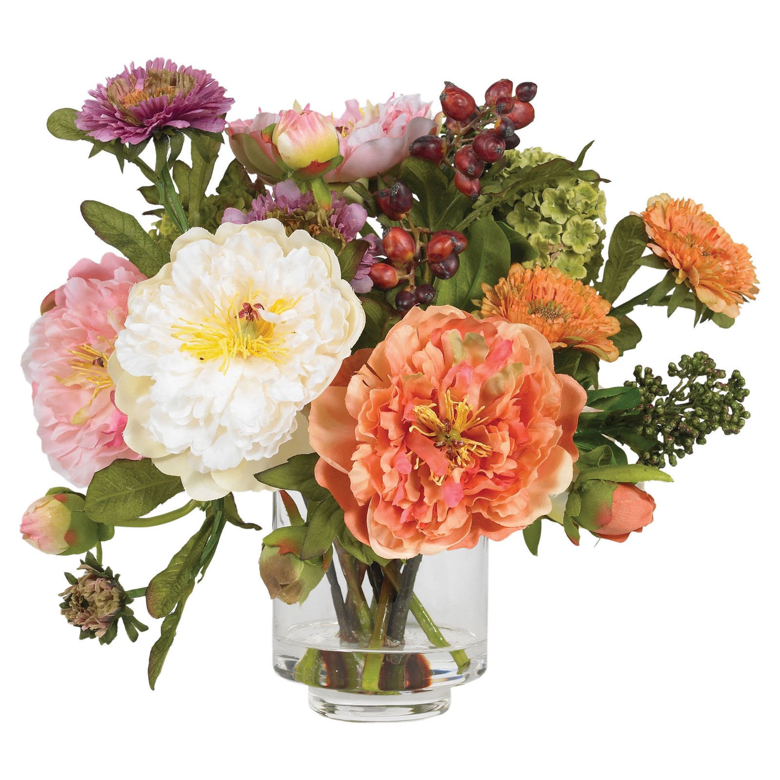 Nearly Natural Peony Silk Arrangement Glass Vase w/ Liquid Illusion Floral Decor