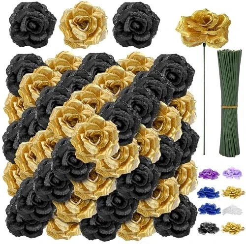 108pcs Roses Head Flowers with Stem – Black & Gold Graduation Black-gold