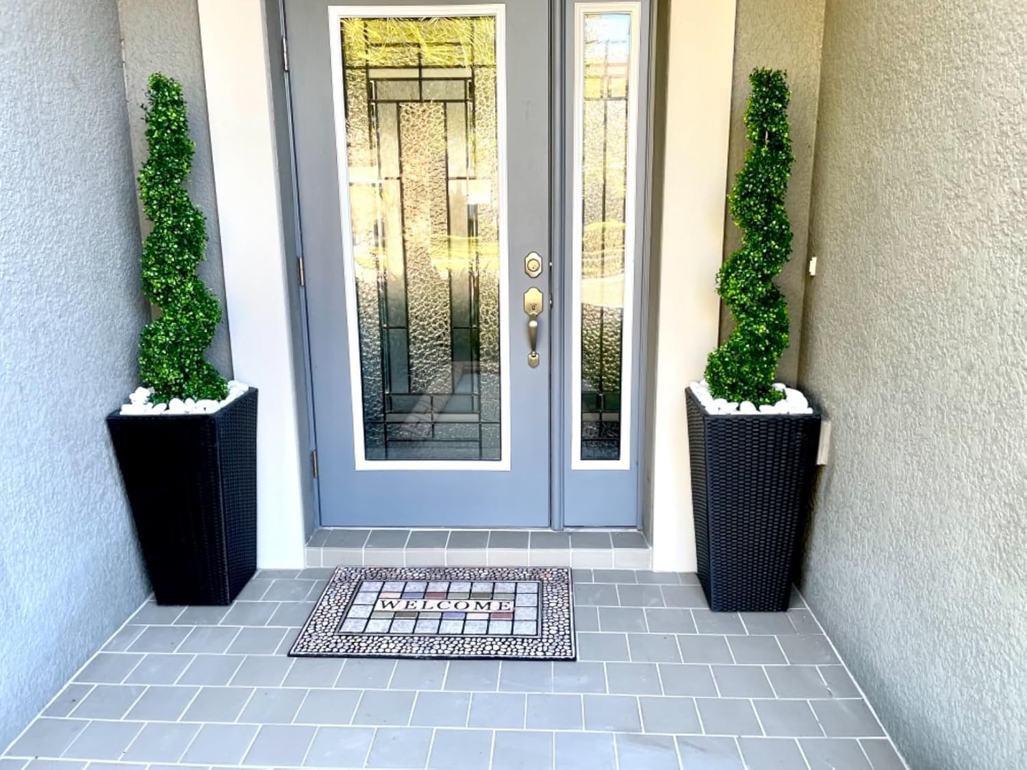 4′ Spiral Boxwood Topiary Trees Artificial Outdoor Plants in Plastic Pot Front P
