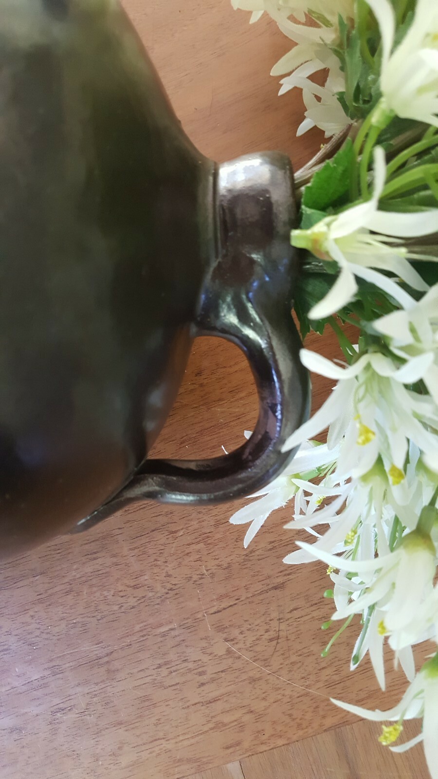 Antique Salt Glazed Stoneware Handled Whiskey Jug White Floral Stem Decor