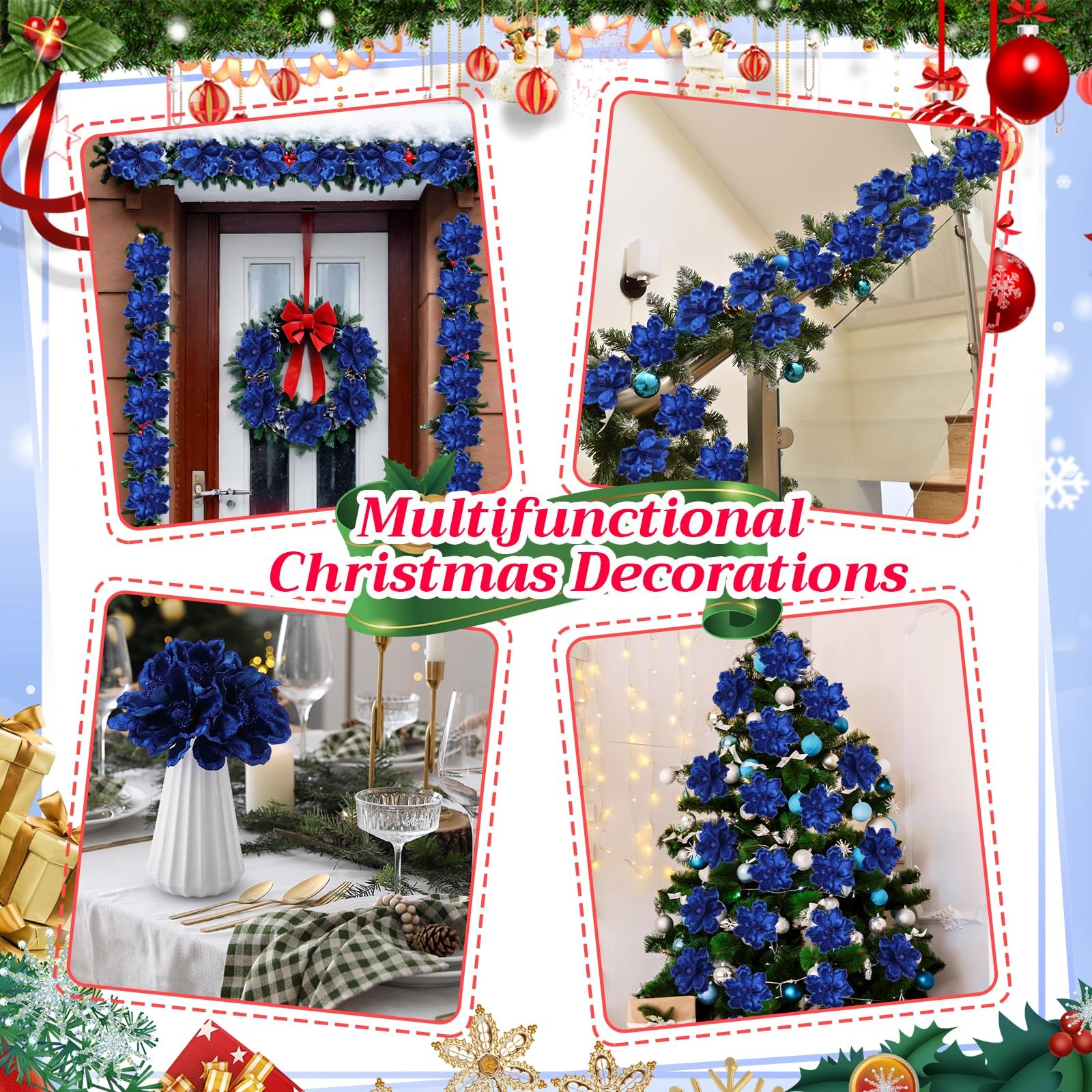 20 PCS Christmas Glitter Poinsettia Magnolia Flowers Large Heads Dark Blue