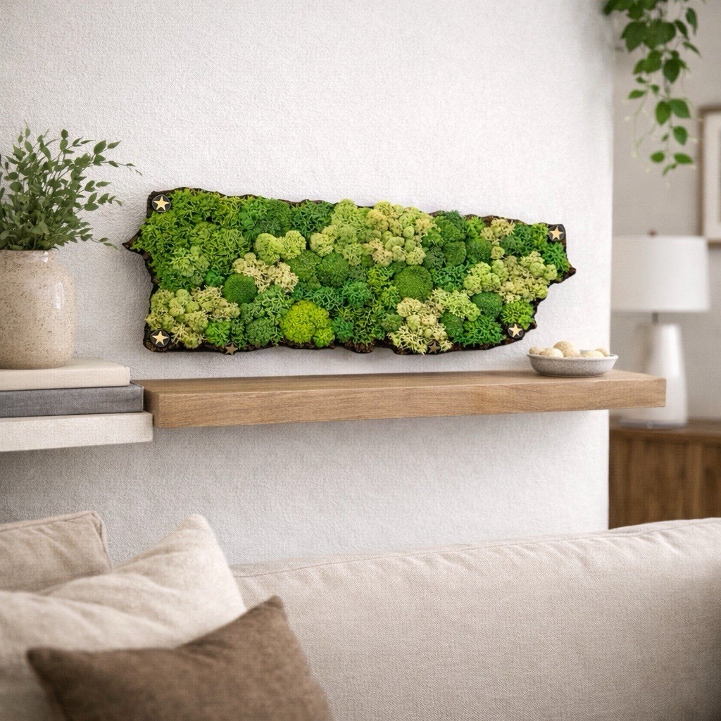 Puerto Rico Moss Wall Art Map · Preserved Moss Handmade Botanical 18” x 7”