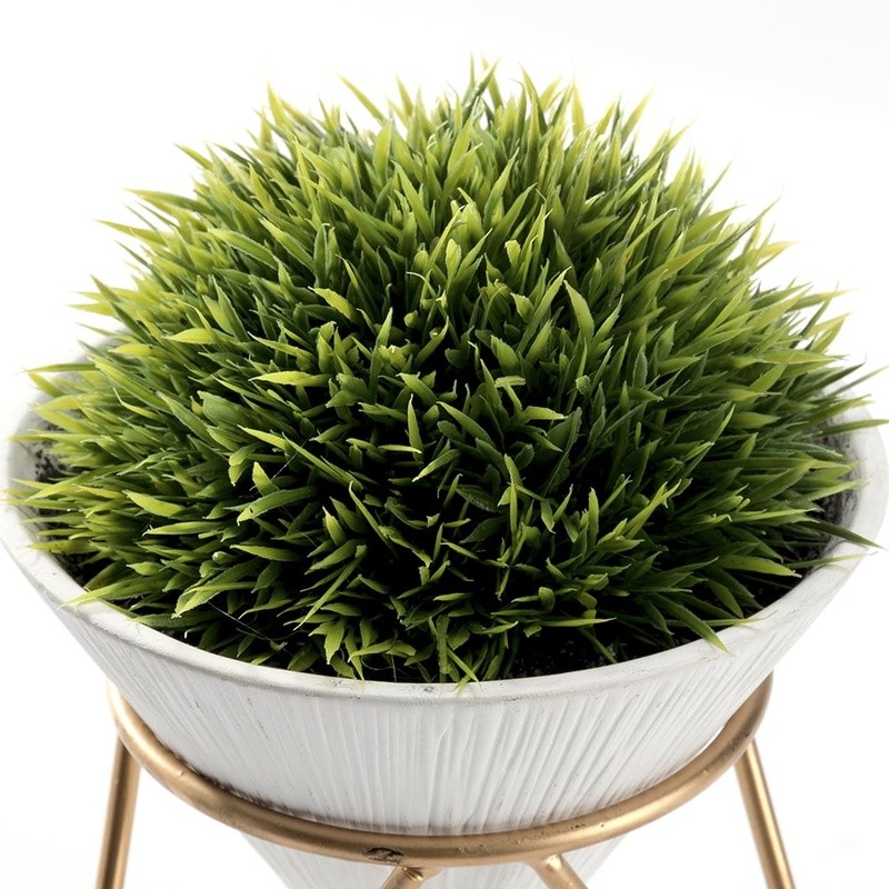 Faux Green Grass Plant in Ceramic Pot W/ Brass Metal Rack Home Office Decor New