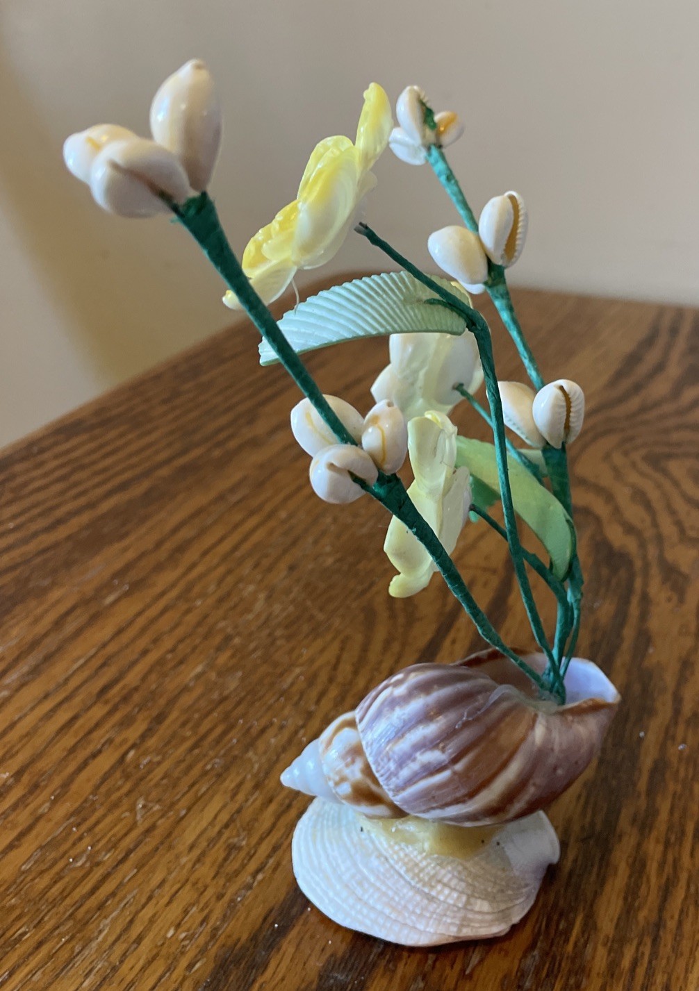 Vintage Handmade Sea Shell Bouquet of Yellow Flowers Floral Arrangement Kitsch