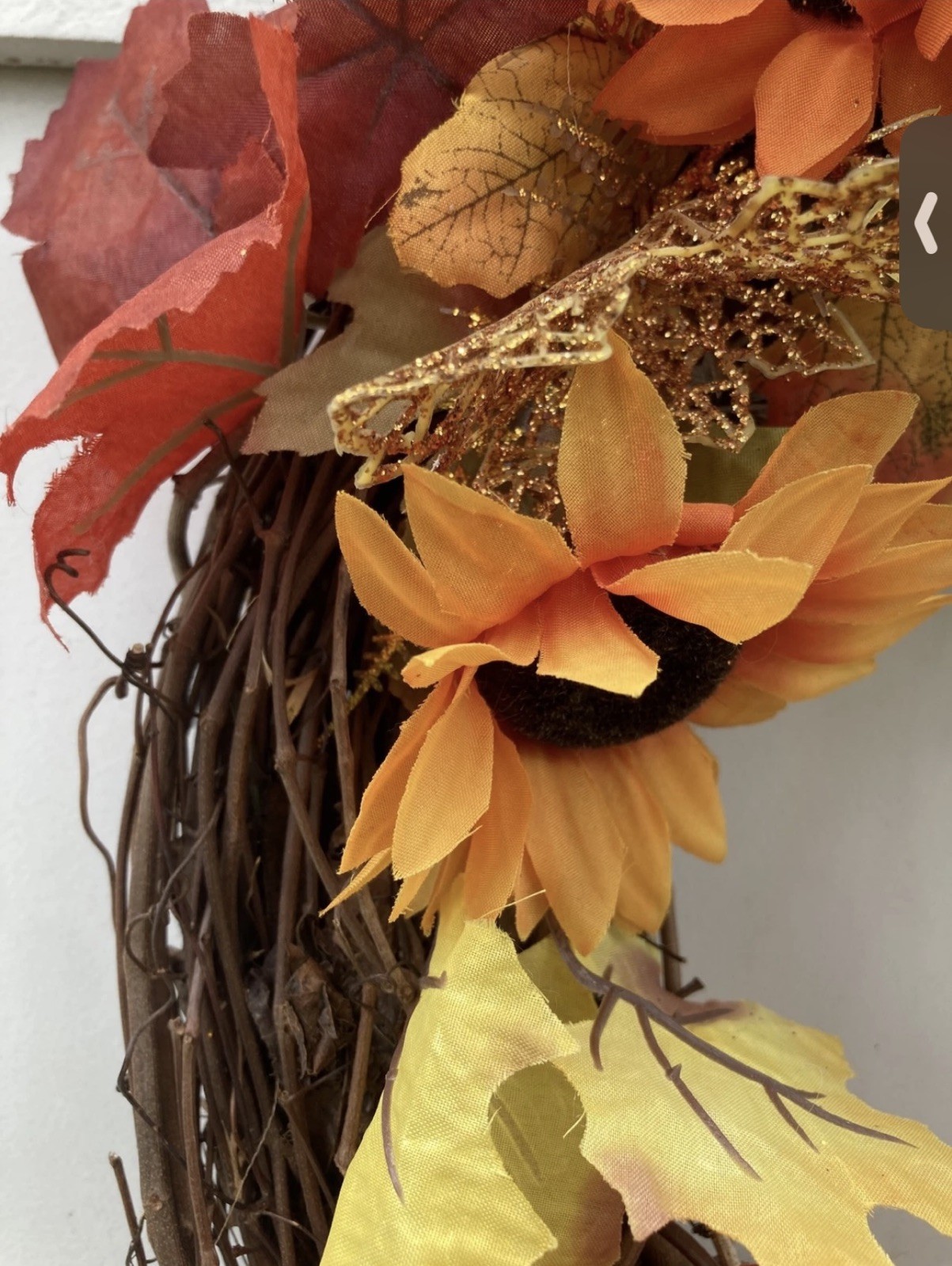 Sunflower Grapevine Country Rustic Wreath w Chinese Lanterns Pomegranate, ferns